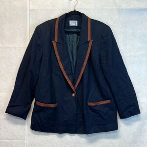 PENDLETON Blazer Jacket Womens 20 Navy Blue Brown Trim 100% Wool Single Button